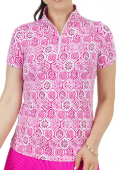 SPECIAL Ibkul Ladies Terra Print Short Sleeve Mock Neck Golf Shirts - Pink