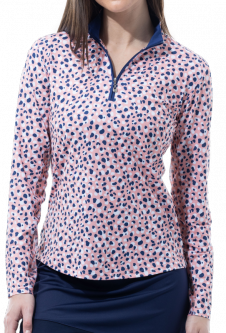 SanSoleil Ladies SolCool Print Long Sleeve Zip Mock Golf Sun Shirts - Catwalk Creamsicle