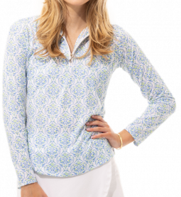 SanSoleil Ladies SolCool Print Long Sleeve Zip Mock Golf Sun Shirts - Eloise Blue
