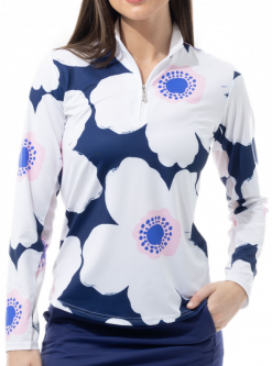 SanSoleil Ladies & Plus Size SolCool Print Long Sleeve Zip Mock Golf Sun Shirts - Finlandia Navy