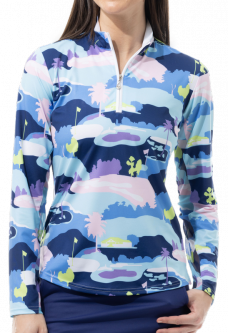 SPECIAL SanSoleil Ladies & Plus Size SolCool Print Long Sleeve Zip Mock Golf Sun Shirts - Vista Blue
