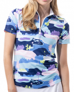 SPECIAL SanSoleil Ladies & Plus Size SolCool Short Sleeve Print Zip Mock Golf Shirts - Vista Blue