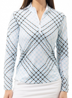 SPECIAL SanSoleil Ladies SolTek ICE L/S Print Mock Golf Sun Shirts - Wallace Plaid Blue