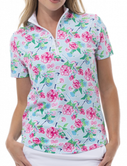 SPECIAL SanSoleil Ladies SolTek LUX Short Sleeve Print Zip Mock Golf Shirts - Sea Island