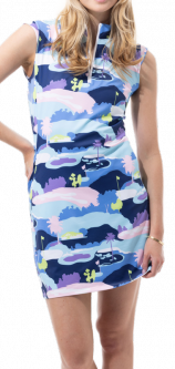 SPECIAL SanSoleil Ladies SolStyle COOL 36" Sleeveless Print Golf Dress - Vista Blue