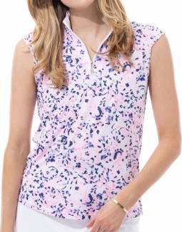 SPECIAL SanSoleil Ladies SolCool Sleeveless Print Zip Mock Golf Shirts - Island Paisley Pink