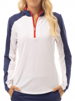 SanSoleil Ladies SunGlow Long Sleeve Colorblock Zip Mock Golf Shirts - White/Navy/Red