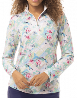 SanSoleil Ladies SolCool Print Long Sleeve Zip Mock Golf Sun Shirts - By The Sea
