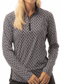 SanSoleil Ladies SolCool Print Long Sleeve Zip Mock Golf Sun Shirts - Chopsticks Black