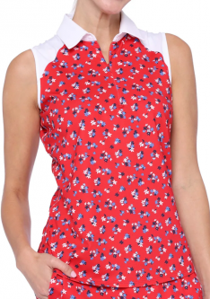 Belyn Key Ladies Kali Sleeveless Golf Polo Shirts - AMERICAN BEAUTY (American Beauty Print/Chalk)