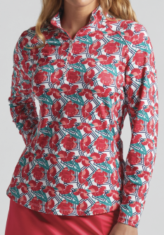SPECIAL Bermuda Sands Ladies Wilma Long Sleeve Print Golf Sun Shirts - Teaberry Red